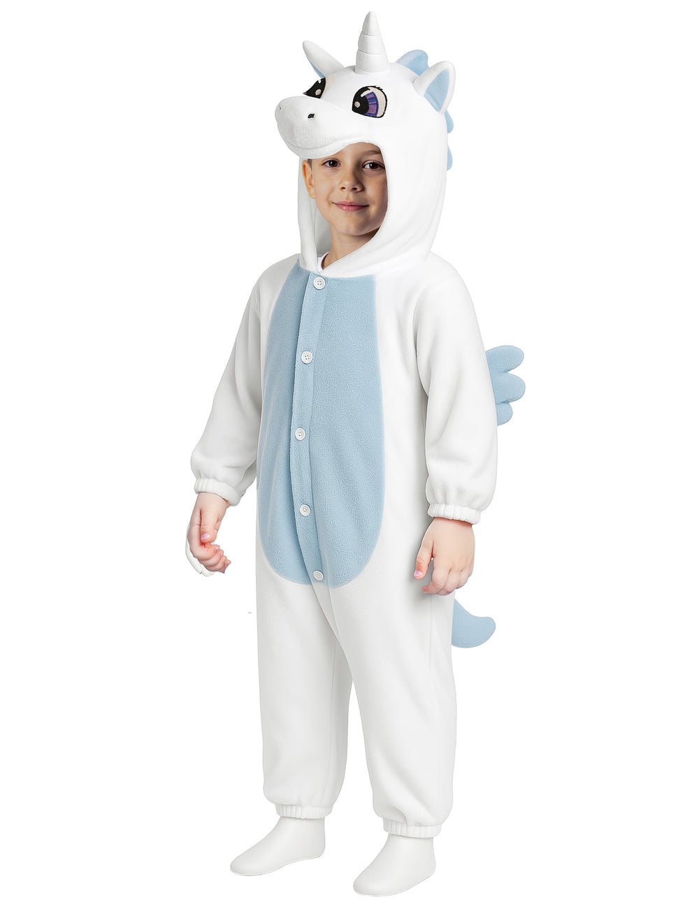 Vue de face de la combinaison licorne pour enfant blanche et bleue