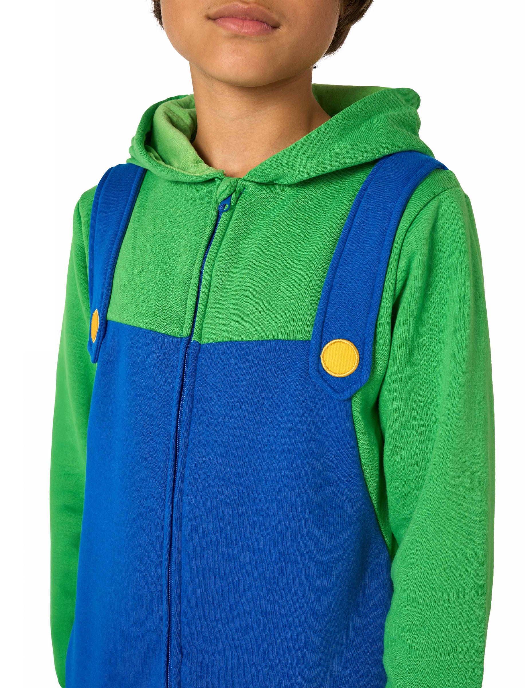 Détail du buste et des bretelles de la combinaison Luigi pour enfant