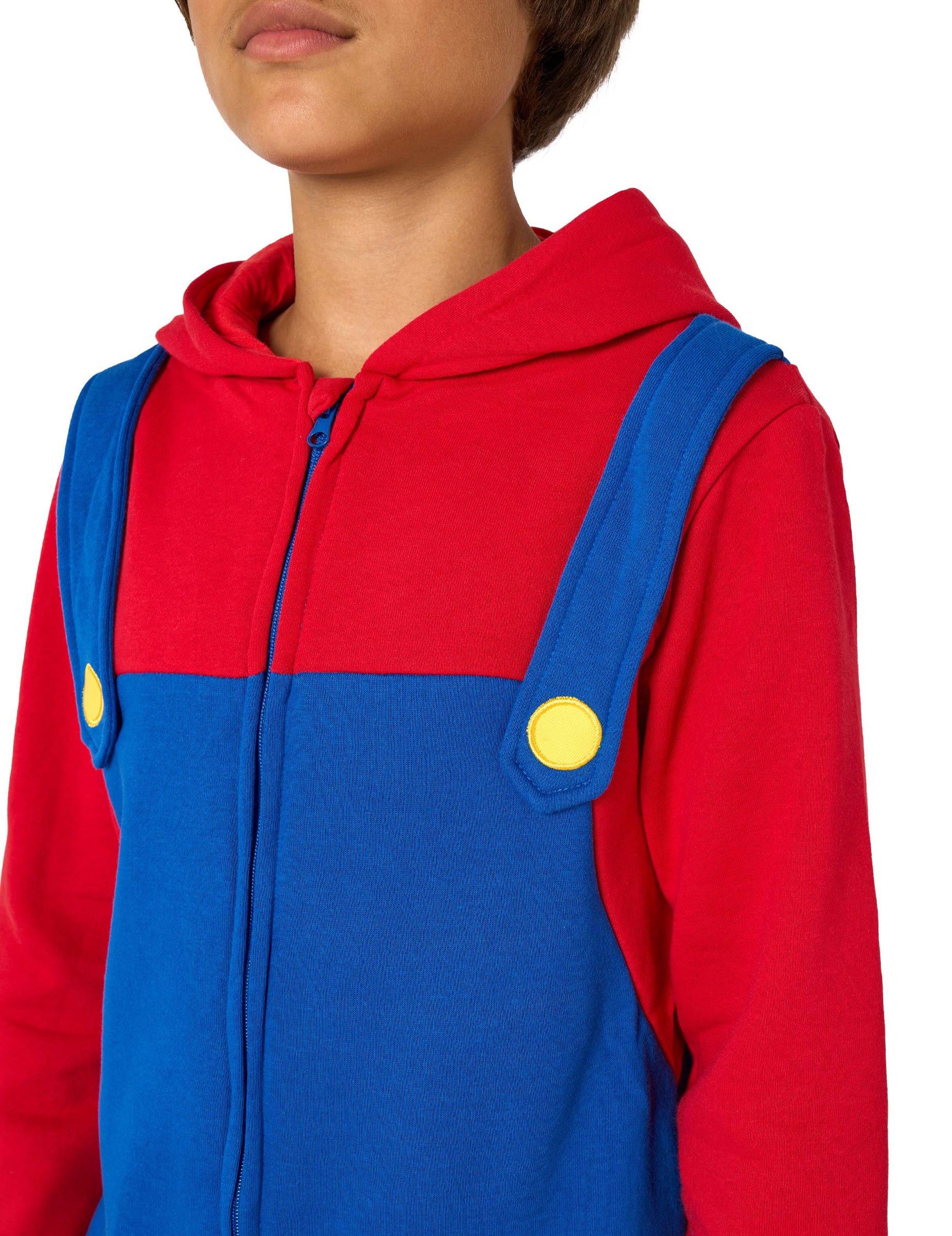 Gros plan sur le buste et les boutons jaunes de la combinaison Mario™ pour enfant