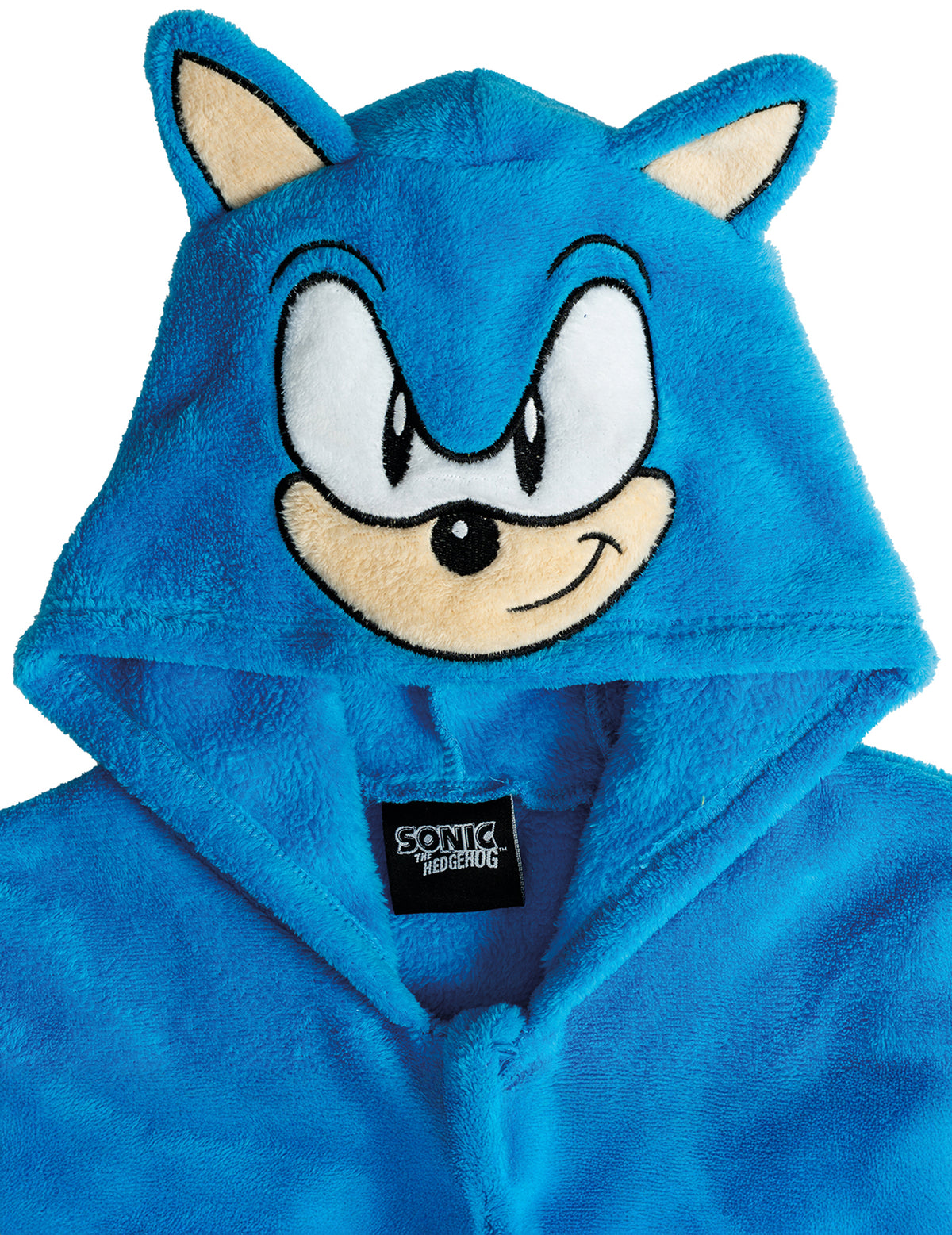 Gros plan sur la capuche de la combinaison Sonic pour enfant