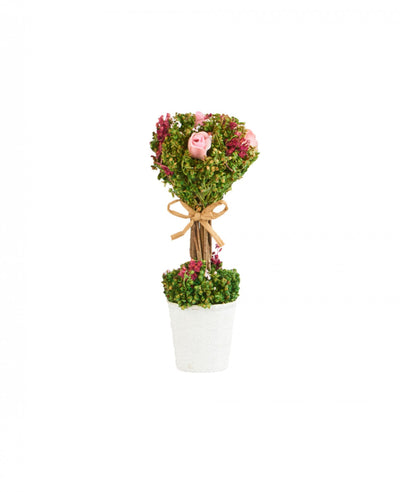 Composition de fleurs séchées et roses pour décoration avec roses roses et nœud en jute dans un pot blanc
