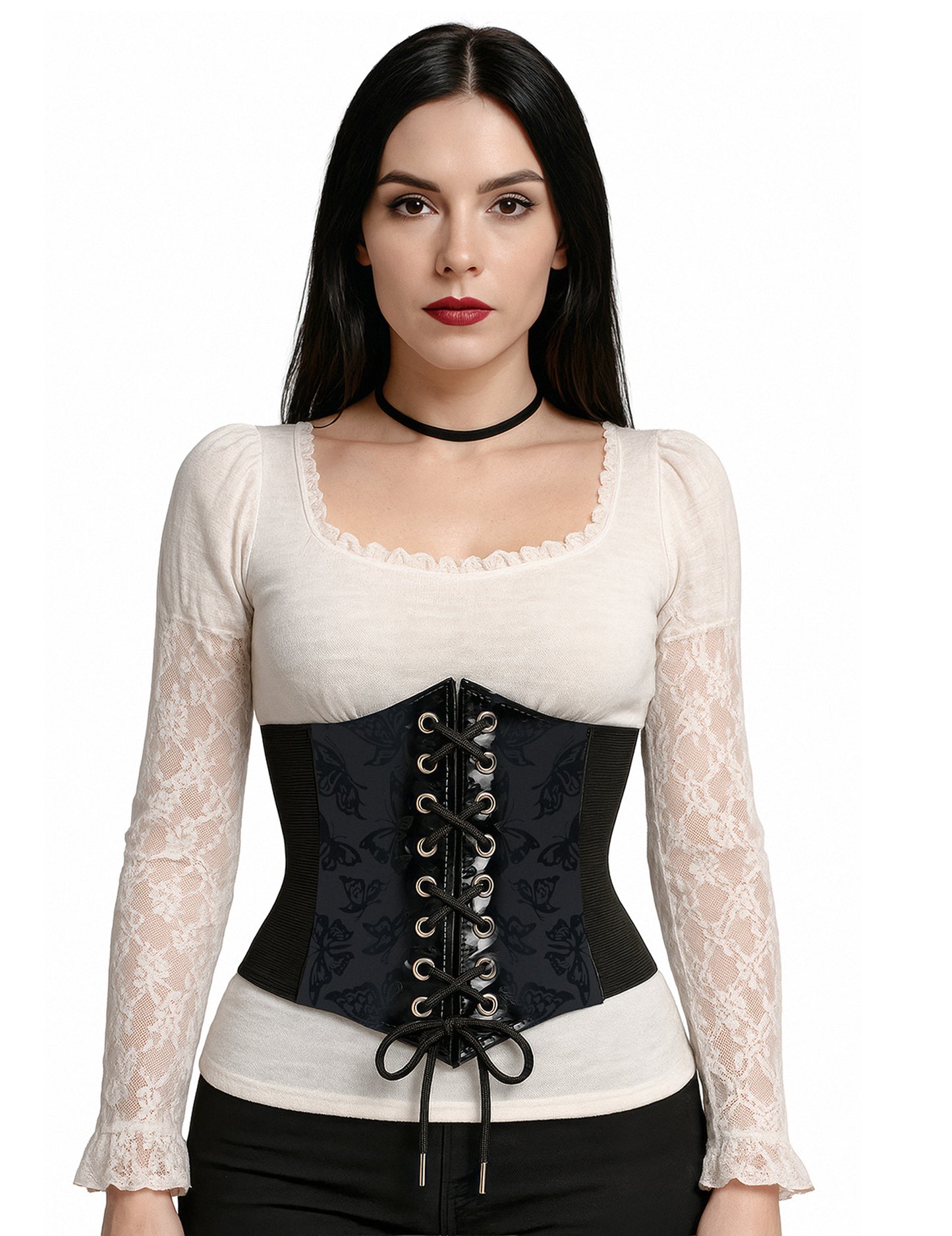 Corset élastique motif papillon pour femme noir avec laçage frontal