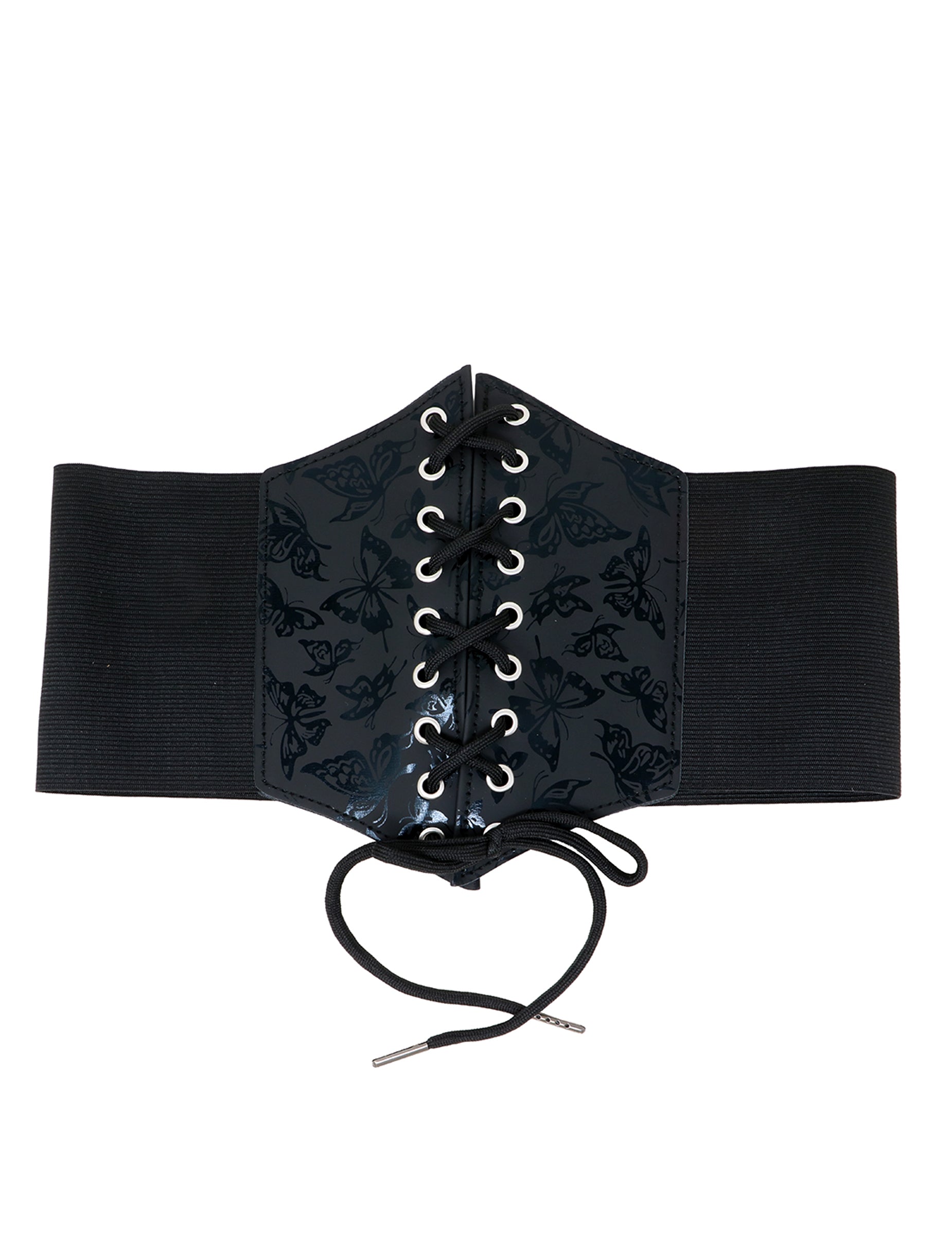 Gros plan sur le laçage frontal du corset élastique motif papillon