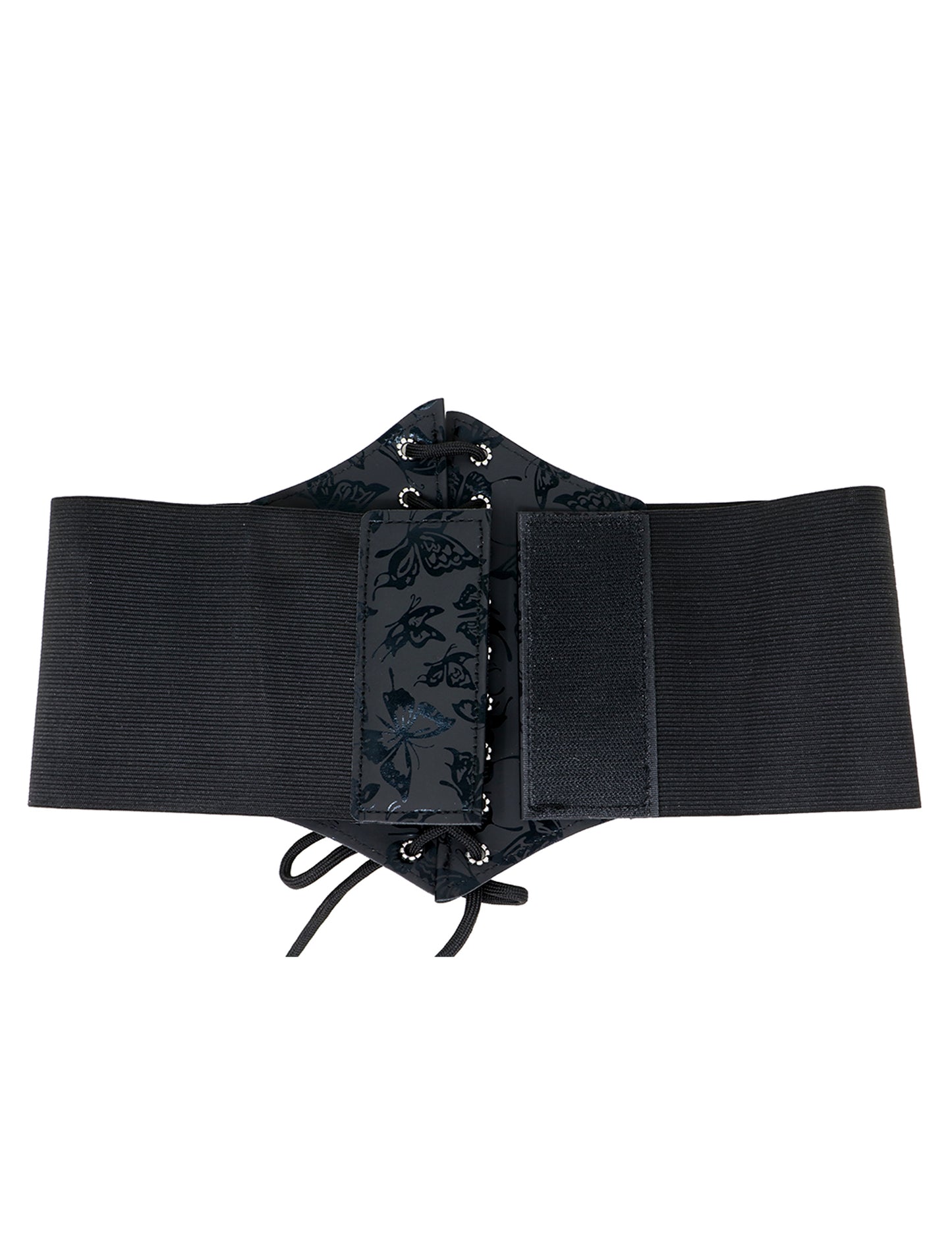 Détail du système de fermeture à scratch du corset élastique motif papillon