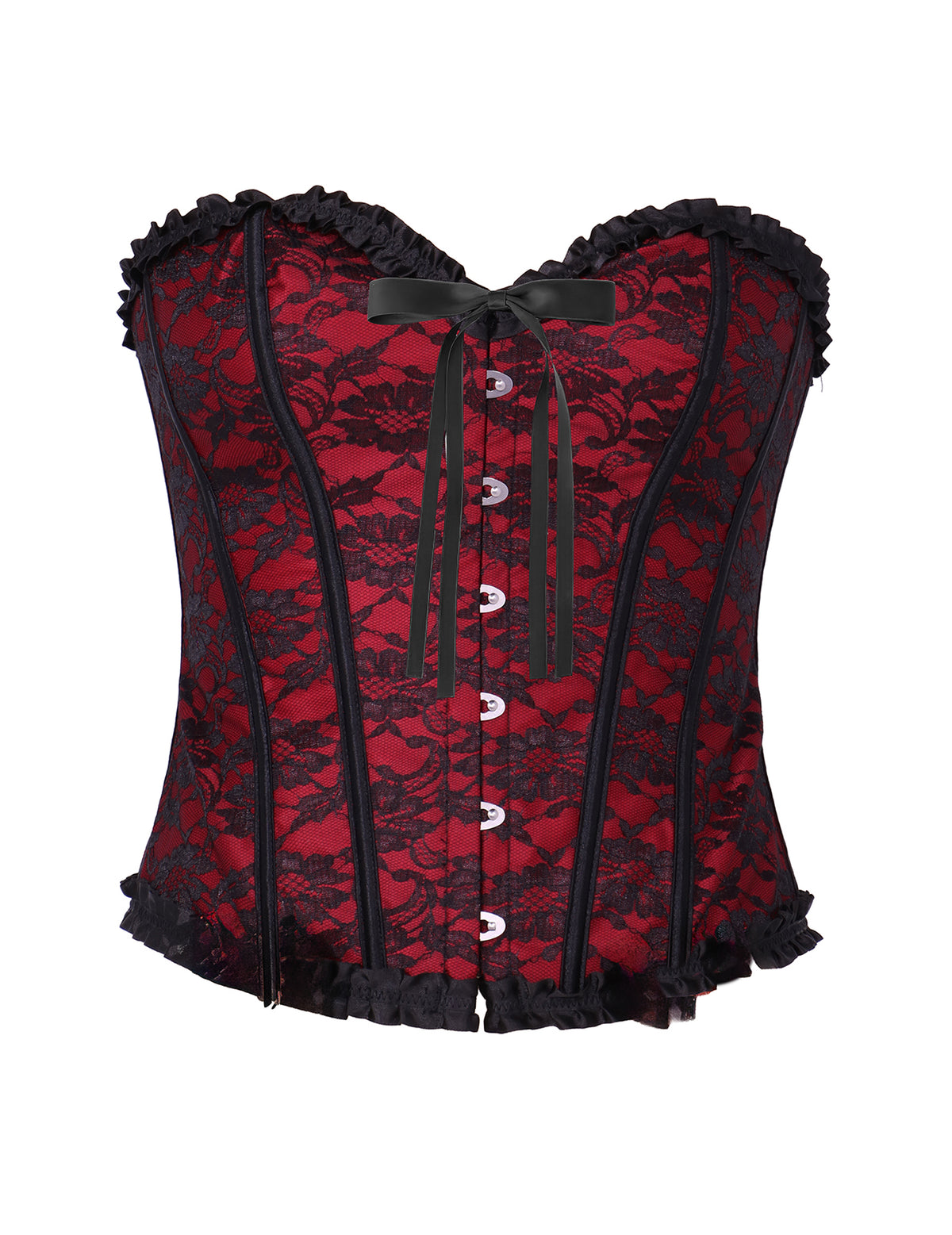 Vue de face du corset pour femme rouge à dentelle noire