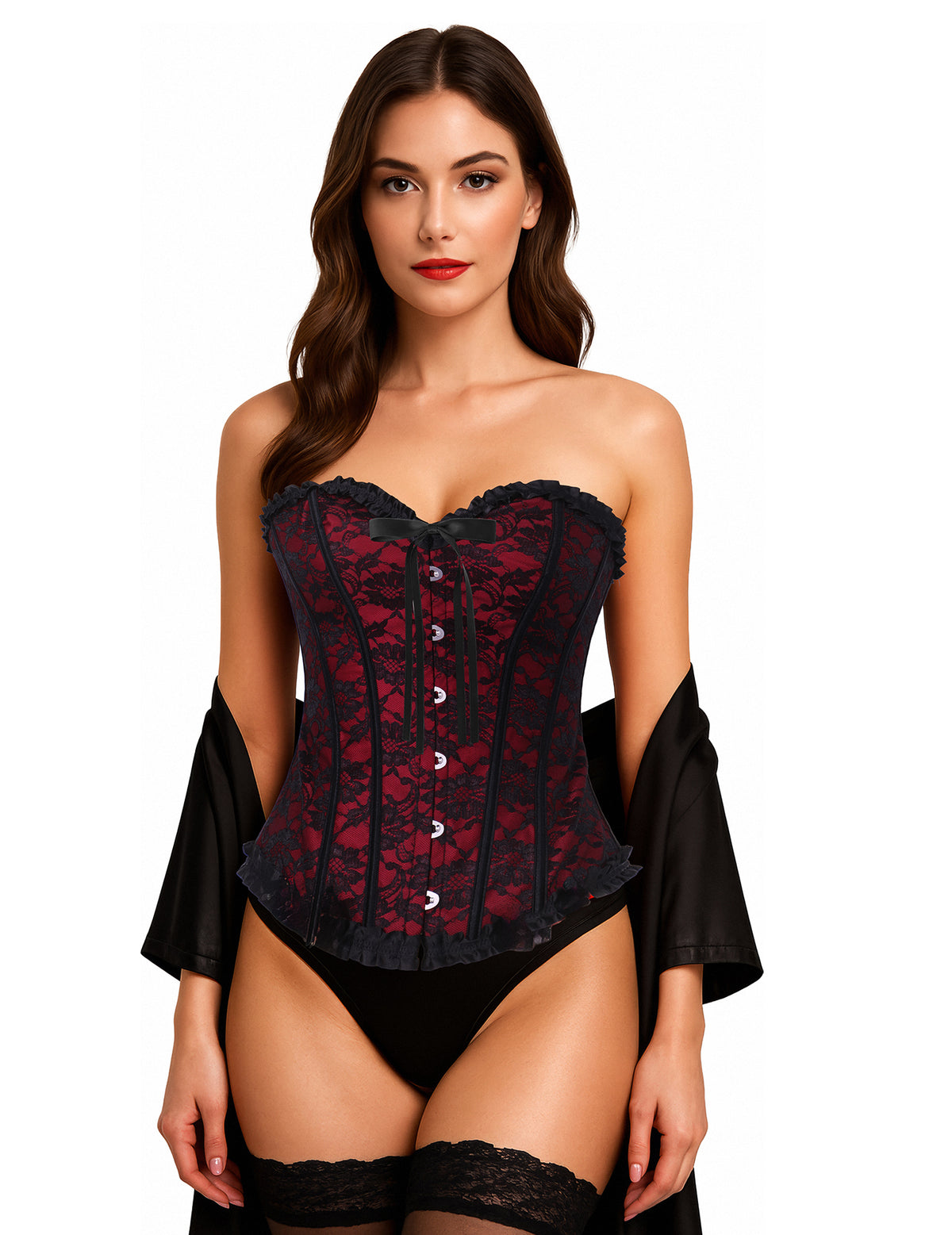 Détail du bustier du corset pour femme rouge à dentelle noire