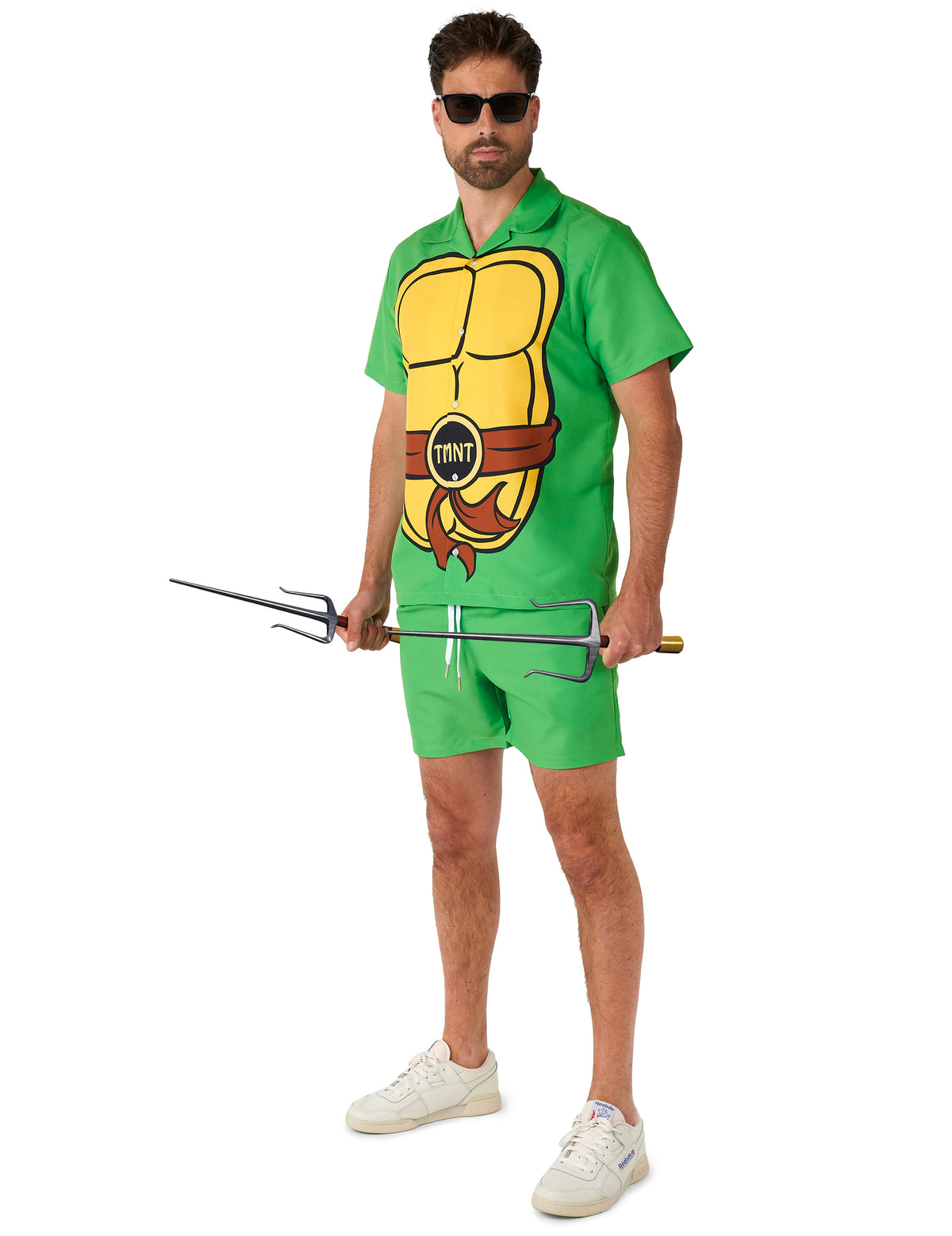 Vue avec accessoires du costume d'été Tortue Ninja pour adulte Suitmeister