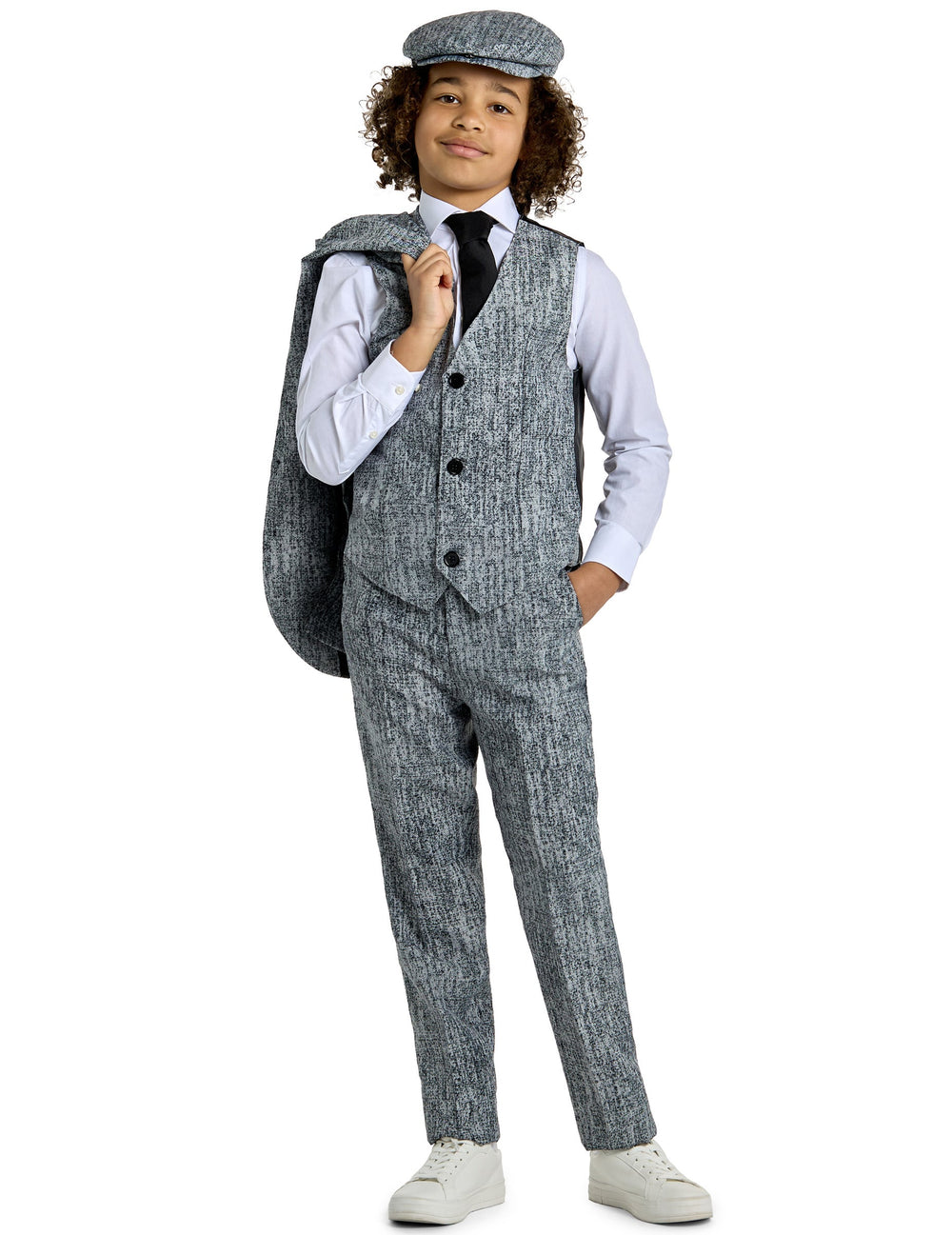 Vue de face avec veste sur l'épaule du costume Mr. Années 20 Gangster