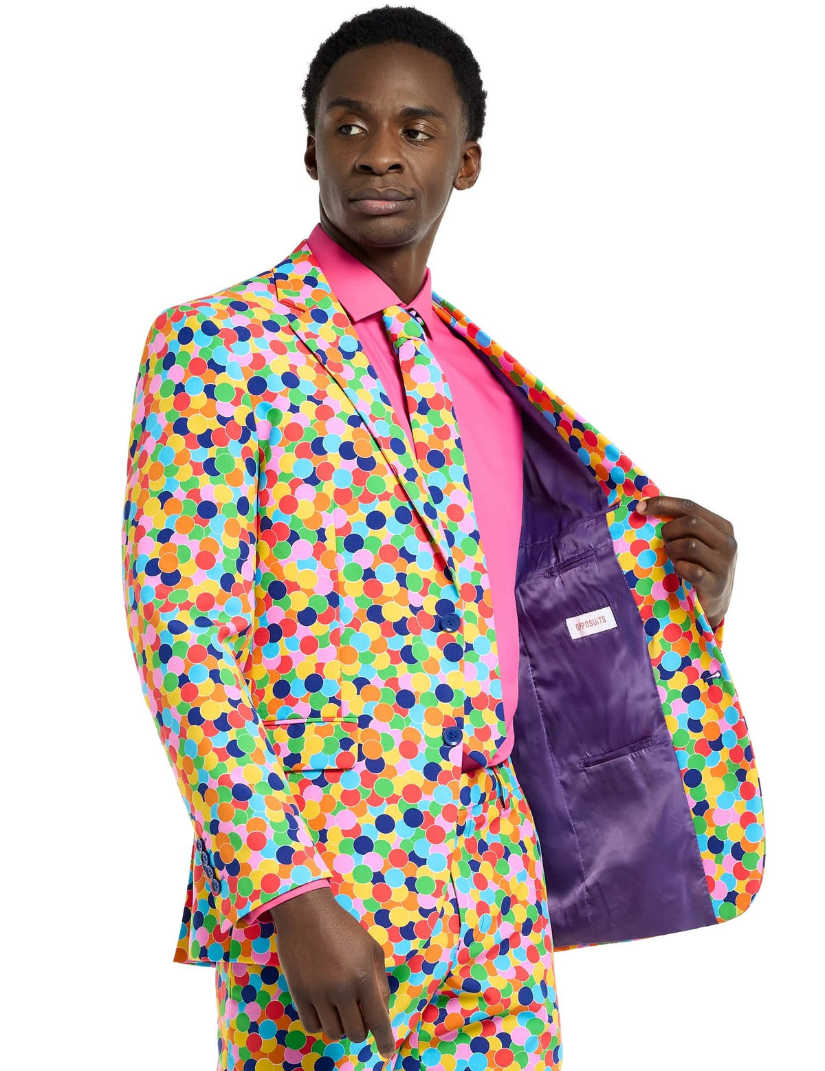 Stranski pogled na odprt jopič kostuma Mr. Confetteroni Opposuits za moški