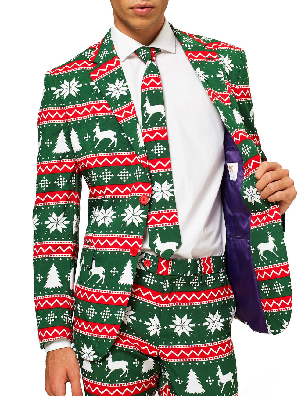 Praznični kostum Mr. Festive za moški, zelena z motivi božiča, severni jeleni in jelke