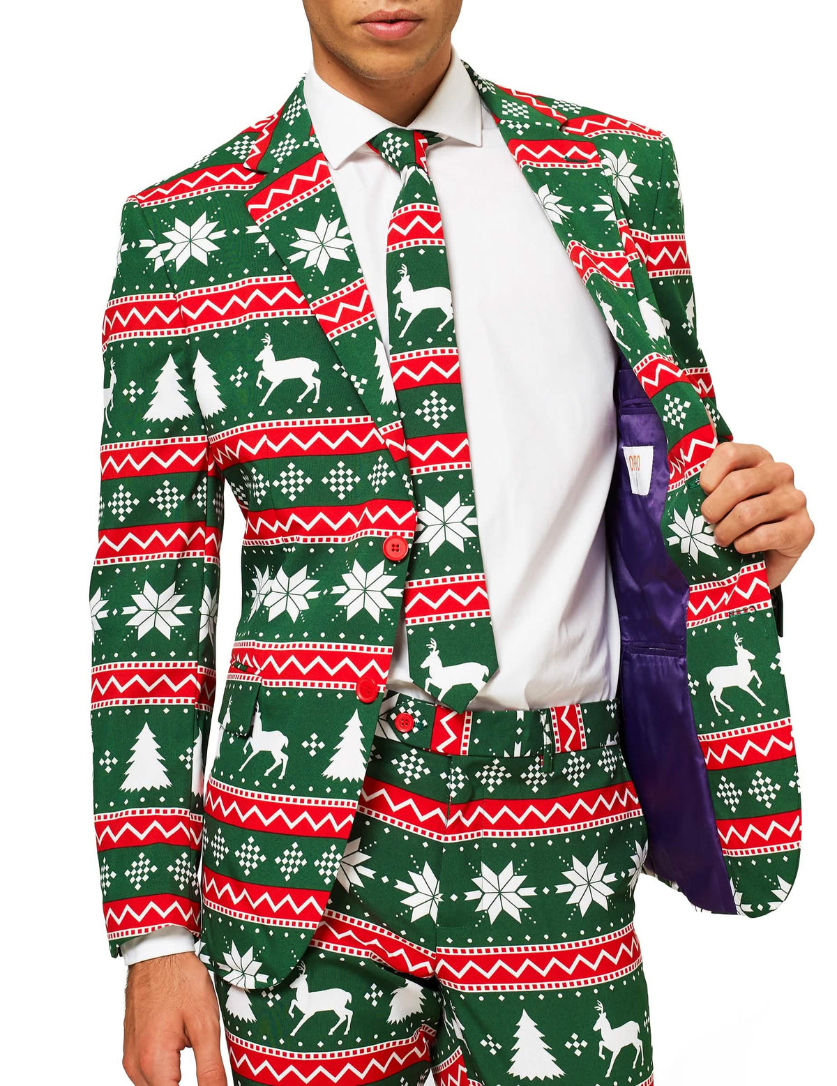 Praznični kostum Mr. Festive za moški, zelena z motivi božiča, severni jeleni in jelke