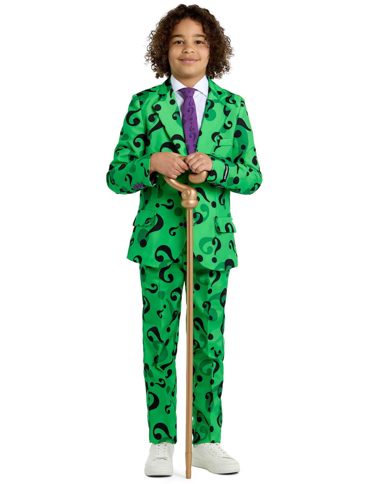 Kostum Mr. Riddler™ Suitmeister™ za otrok zelena z vzorcem črnih vprašajev in vijolično kravato