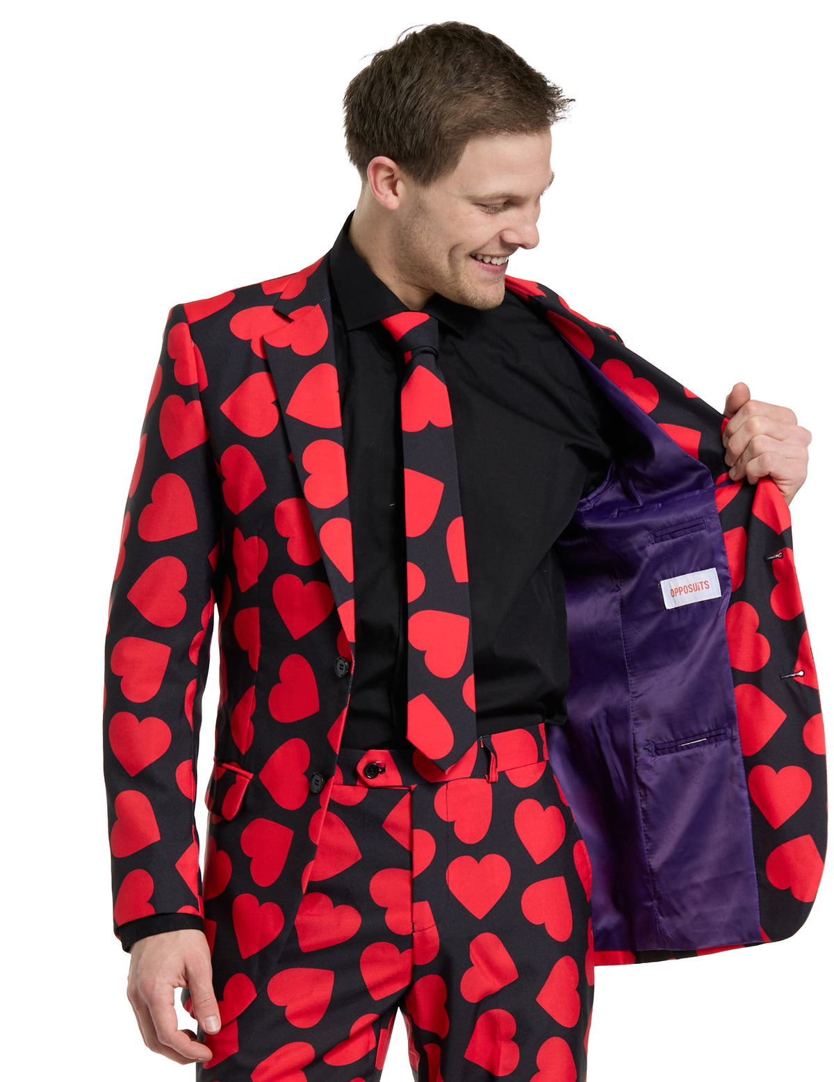 Détail de la doublure violette de la veste du costume Mr. Roi des coeurs
