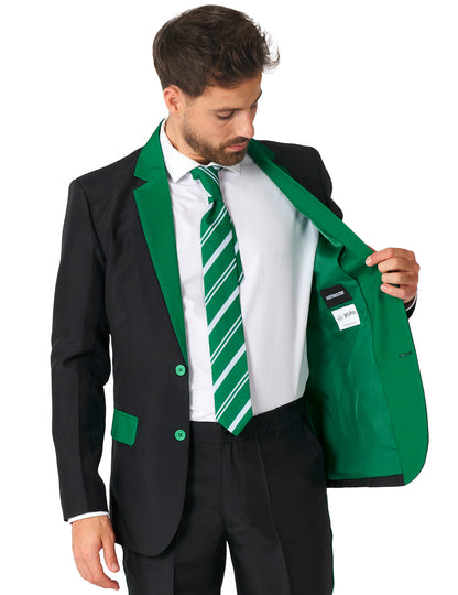 Détail de la doublure et de la cravate du Costume Mr. Serpentard pour adulte Suitmeister