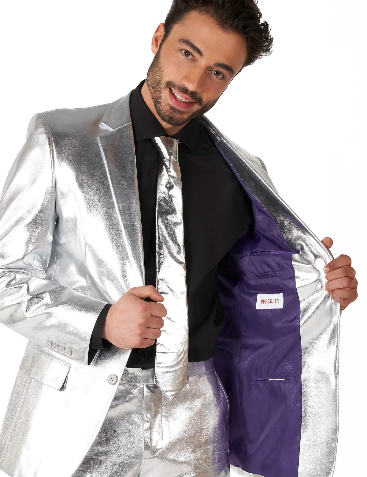 Detajl vijolične notranje podloge moškega kostuma Mr. Shiny Silver