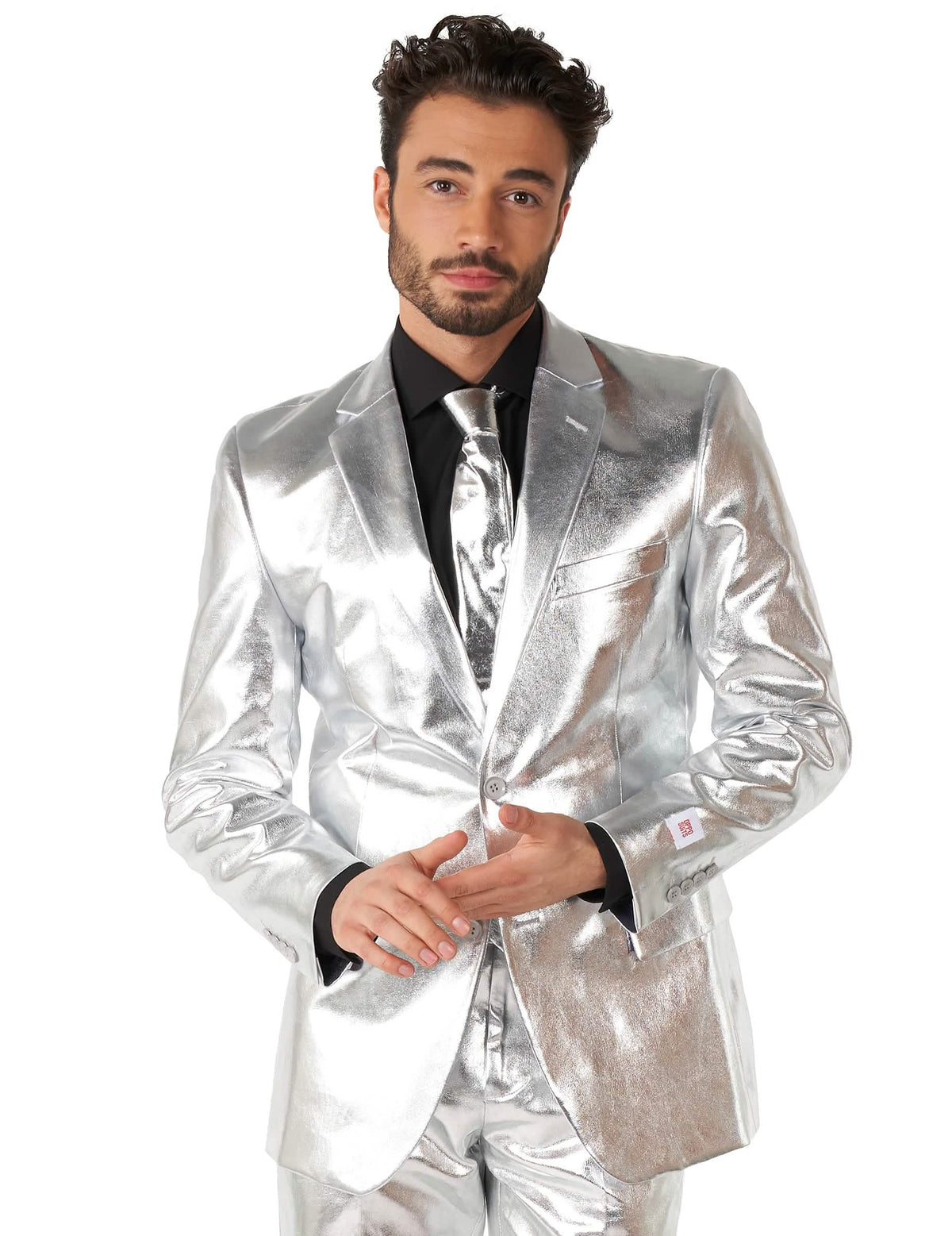 Velik plan jakne in kravate kostuma Mr. Shiny Silver za moški