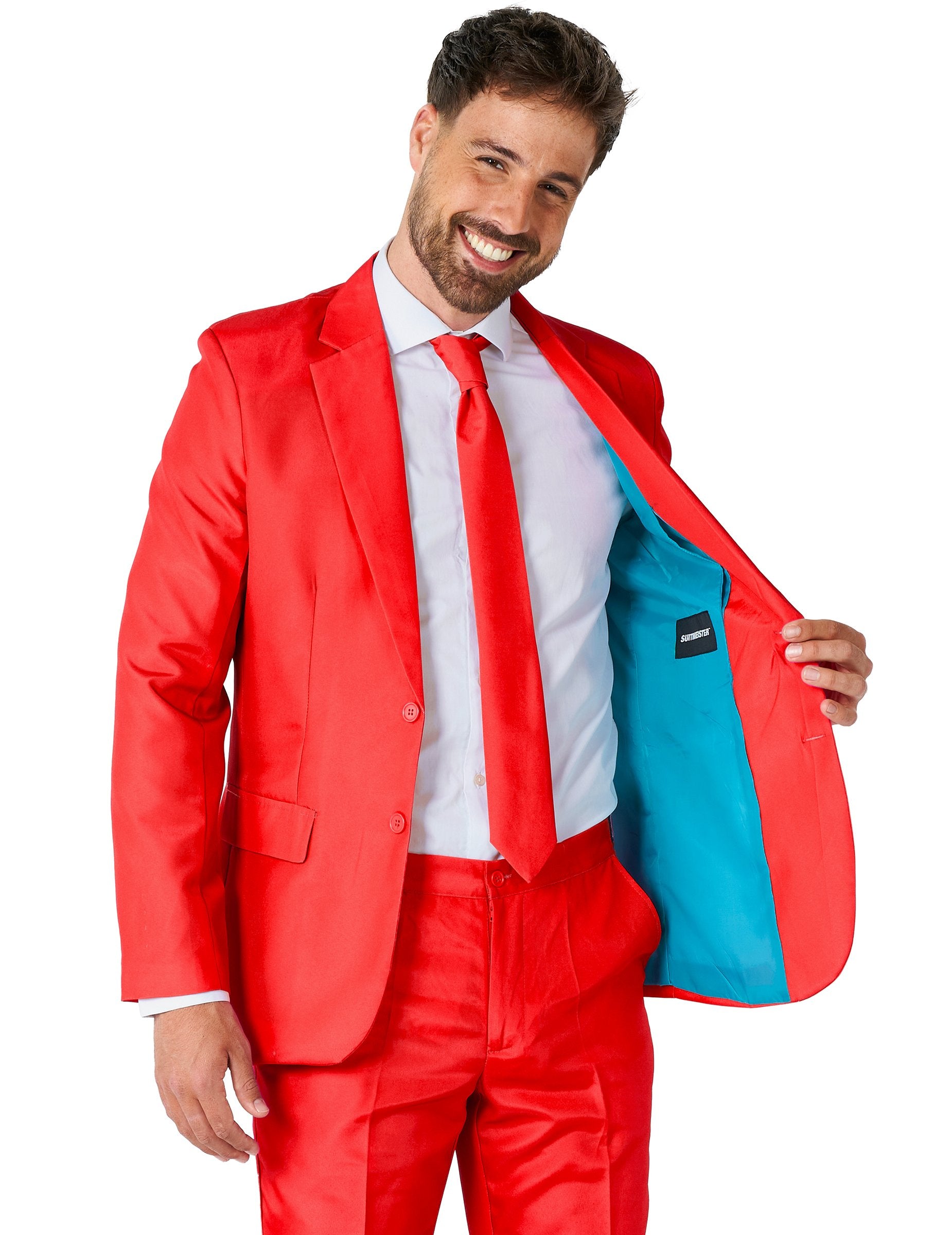 Détail de la doublure turquoise du costume Mr. Solid pour homme rouge Suitmeister