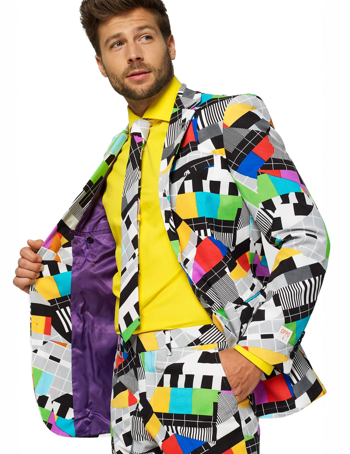 Podrobnost vijolične podloge jakne kostuma Mr. Technicolor Opposuits za moški
