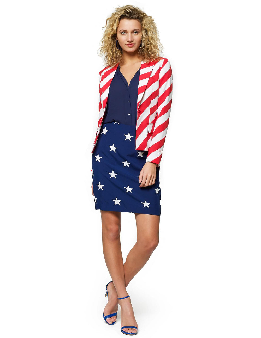 Kostum Mrs. America Opposuits za žensko z motivi zvezd in črt modra bela rdeča