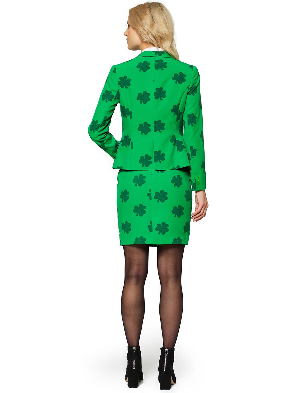 Pogled od zadaj na kostum Mrs. Lucky Opposuits za sv. Patrika