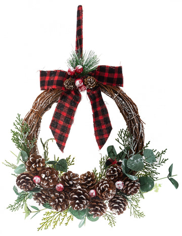 Viseča krona z rdeče-črnim tartanskim trakom in storži 40 cm 