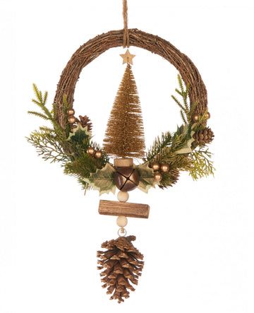Viseči venec, zlata jelka, 39 cm in borovih storžev