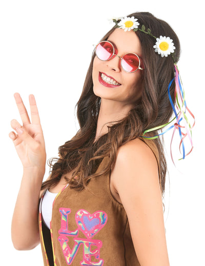 Couronne de fleurs hippie pour femme blanche et jaune avec rubans colorés