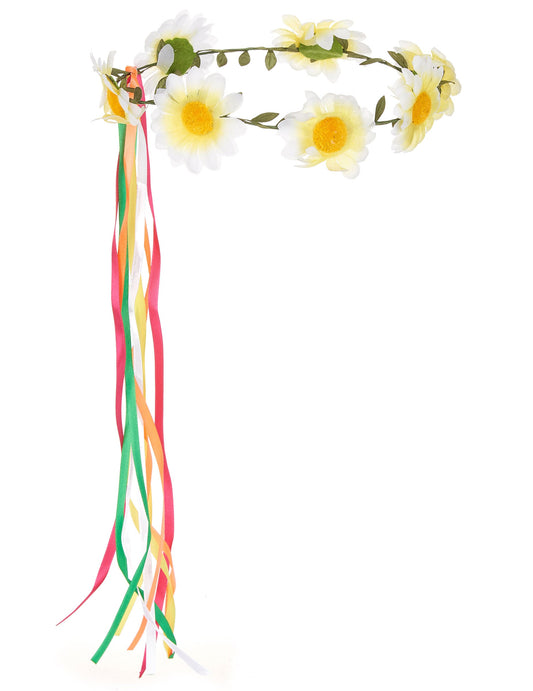 Détail des rubans colorés de la couronne de fleurs hippie