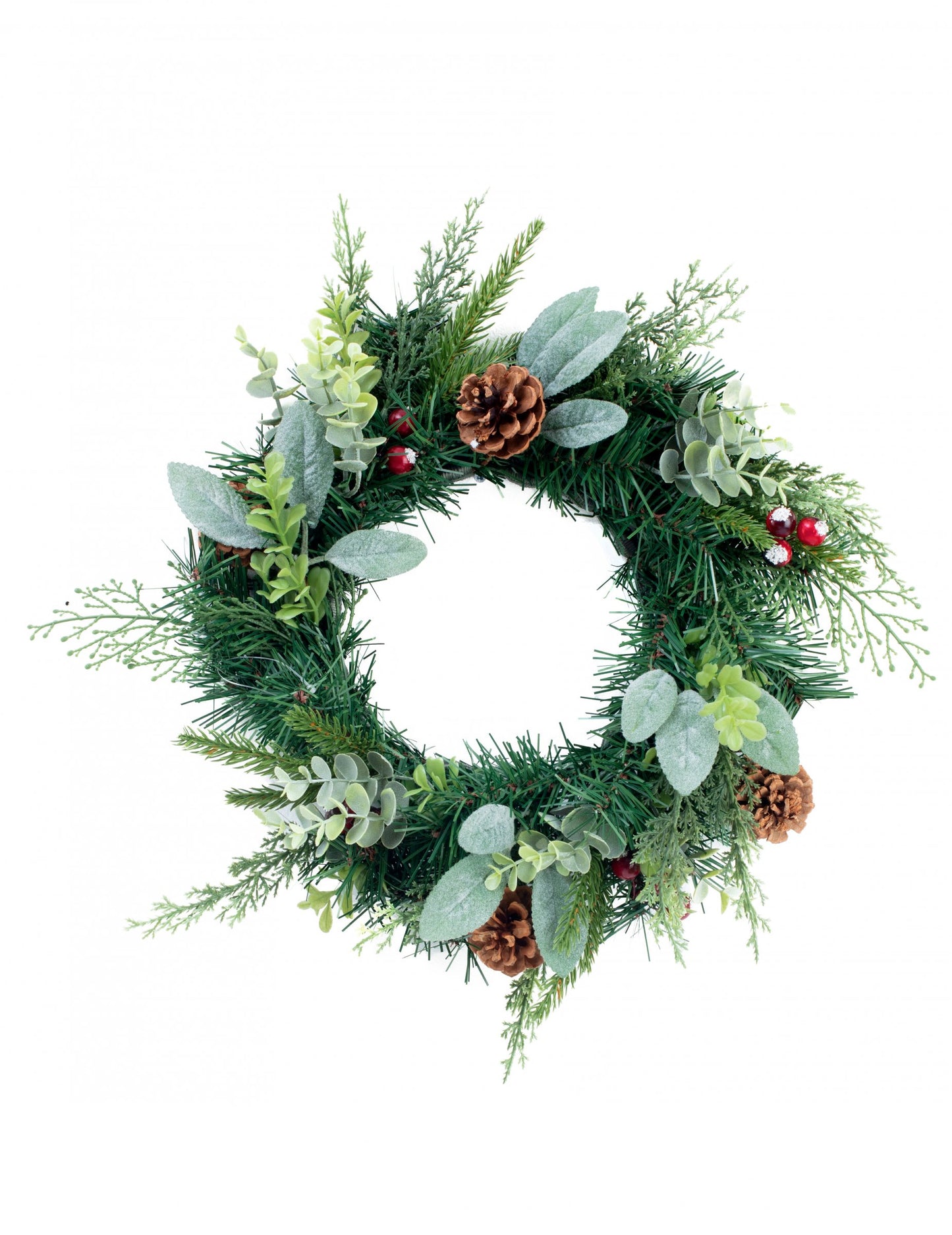 Božični venec z jelko in evkaliptusom 40 cm z rdečimi jagodami