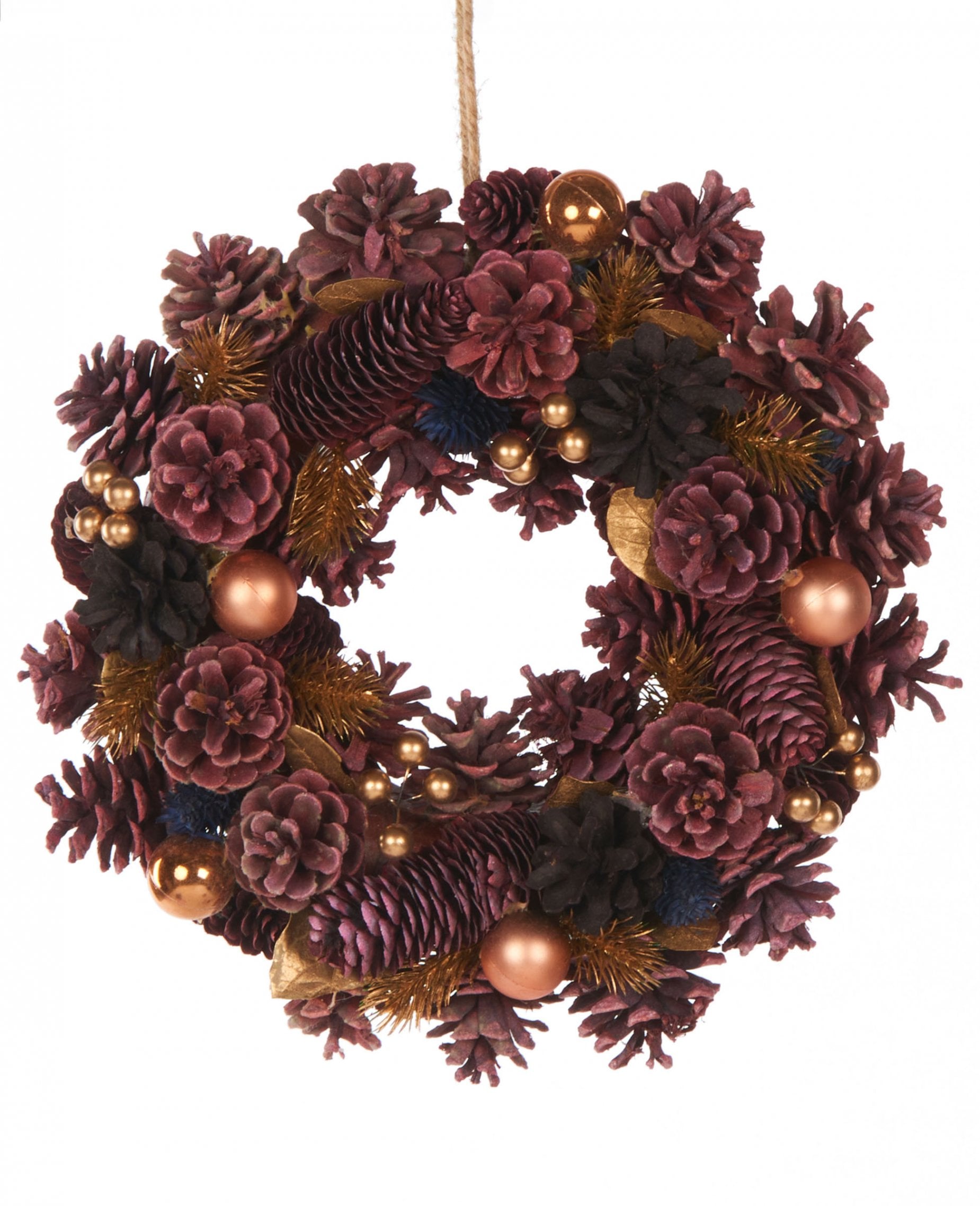 Couronne de Noël féerique pour décoration bordeaux avec boules dorées