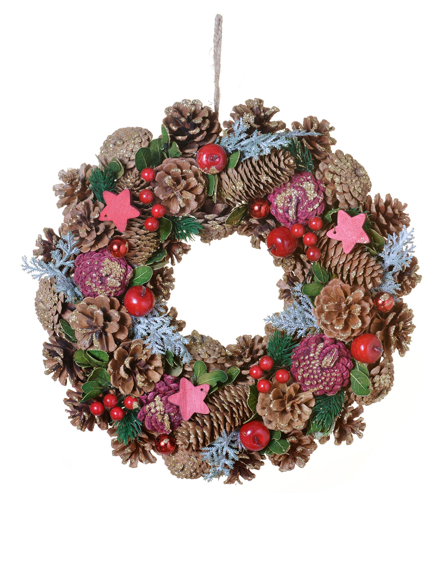 Couronne de Noël nature traditionnelle marron et rouge aux pommes de pin et étoiles