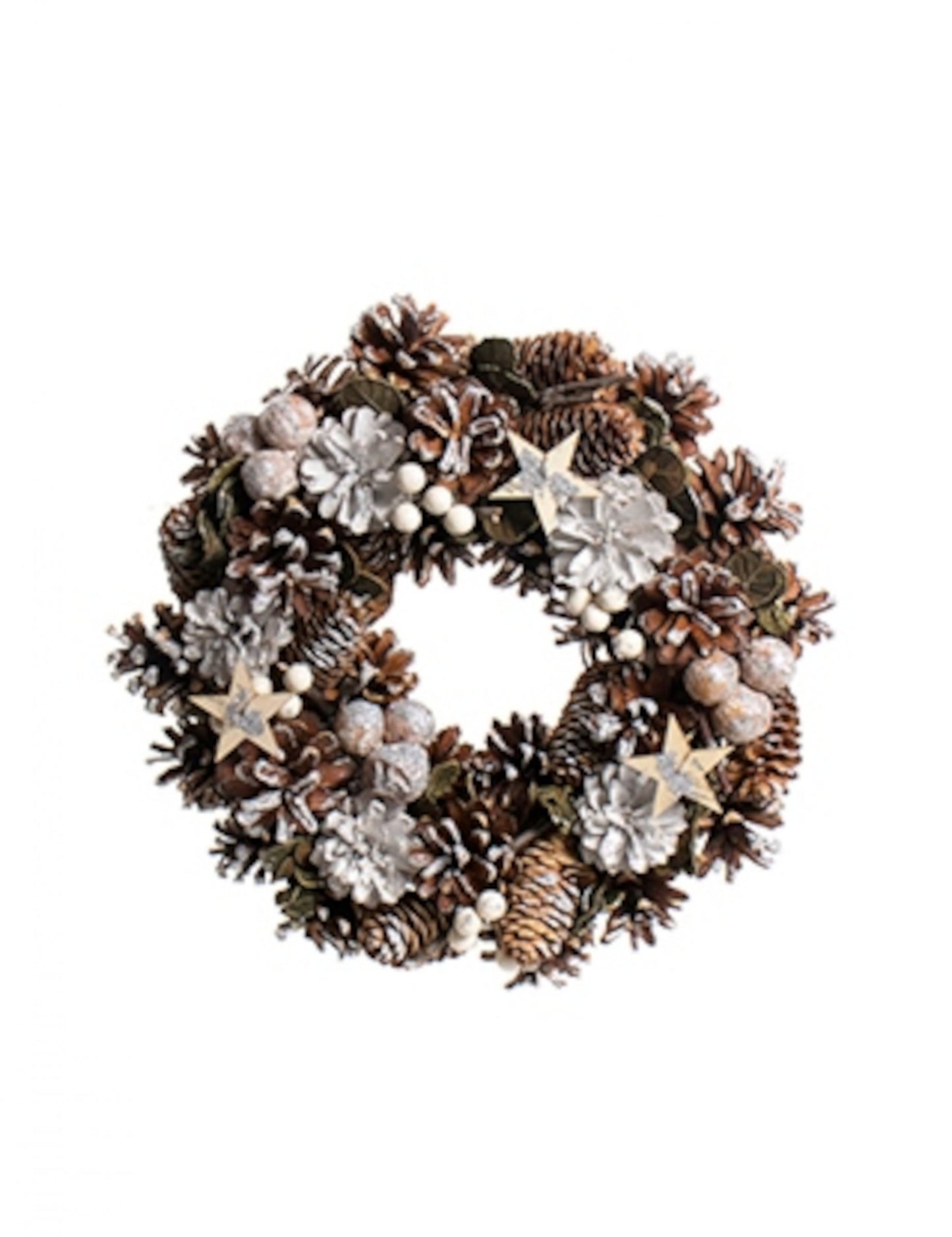 Božični venec s snežno belimi storži 30 cm z jagodami in zvezdicami