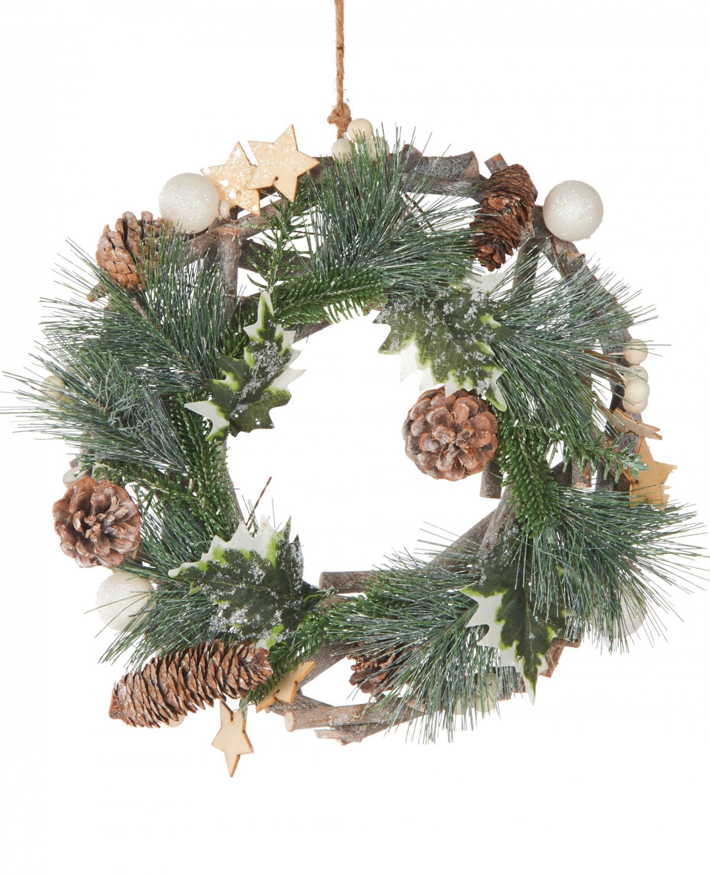 Couronne de sapin naturelle pommes de pin boules blanches et étoiles pour décoration verte