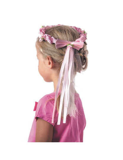 Vue de dos du ruban de la couronne de fleurs roses