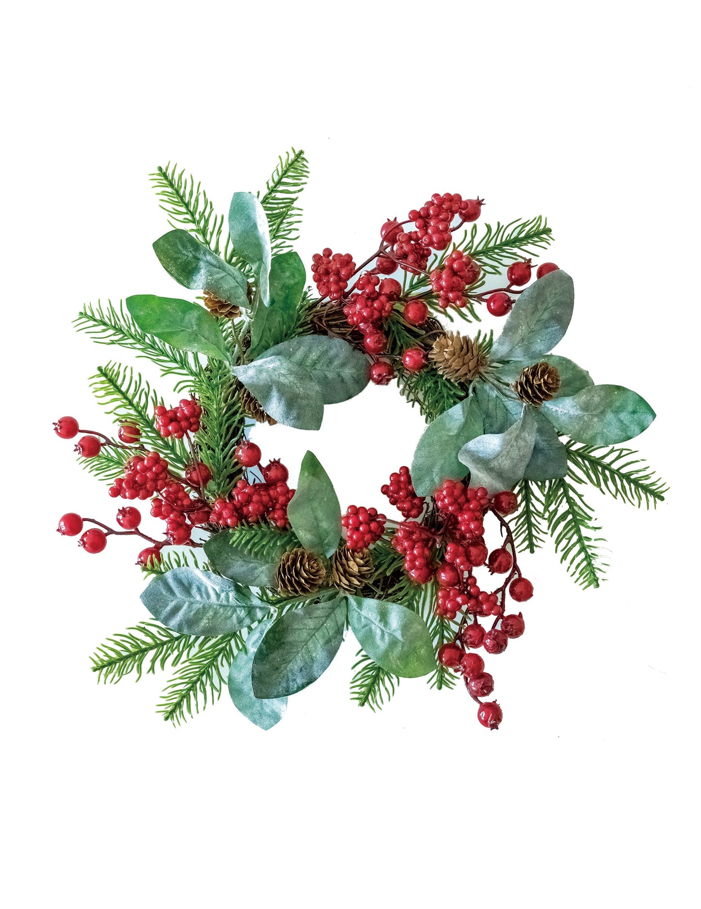 Venec iz rdečih jagod 40 cm, jelka in storži