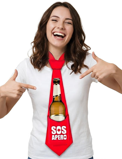 Vue portée avec une bouteille de la cravate anti-soif SOS Apéro