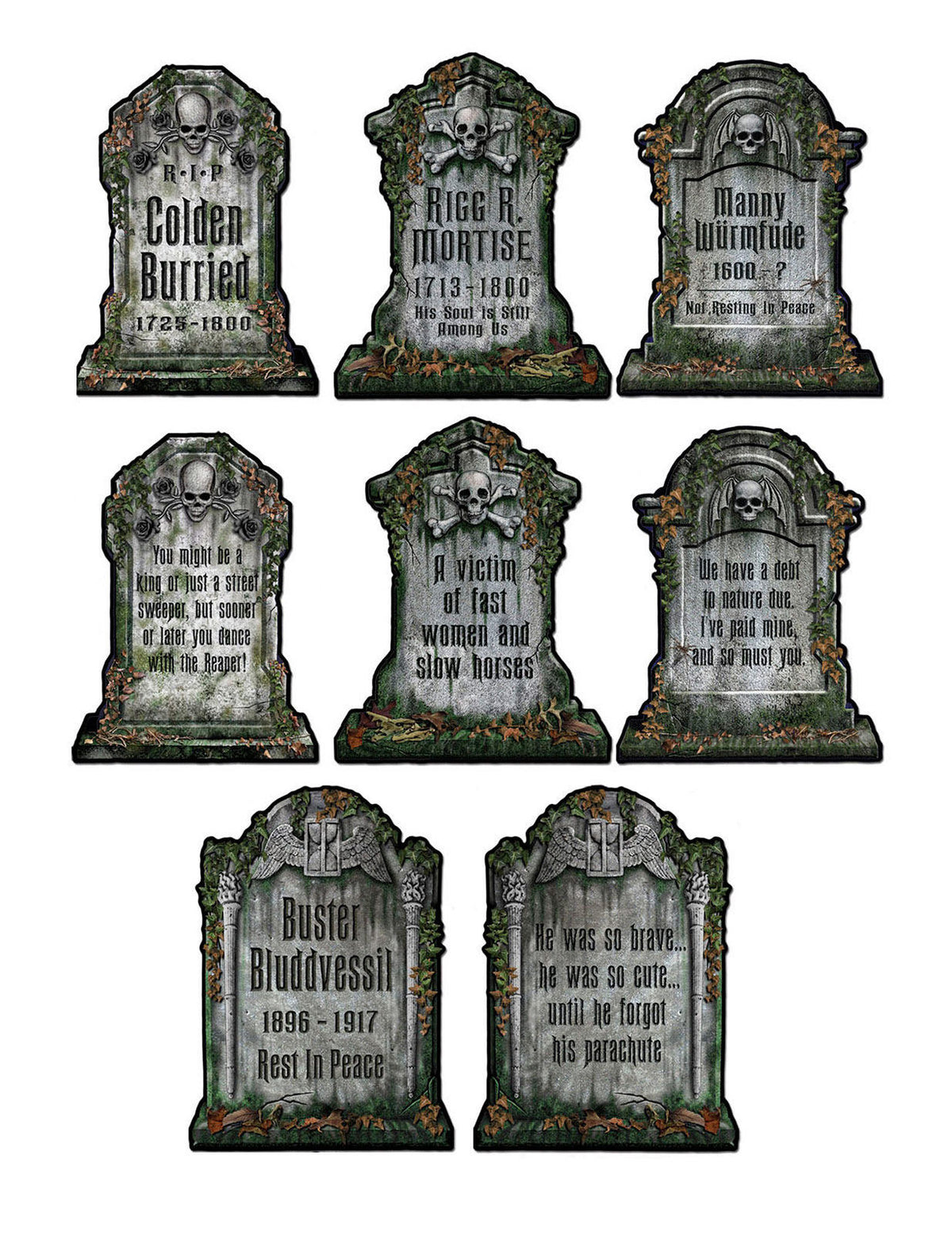 Décorations pierre tombale en carton pour Halloween grises avec têtes de mort et mousse