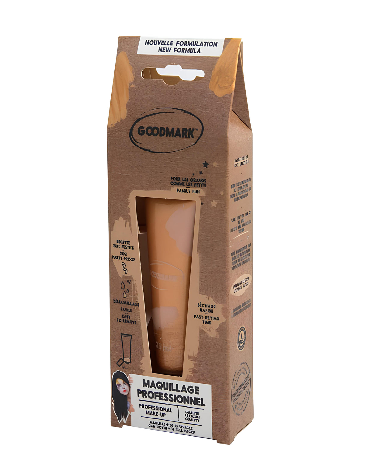 Vue de profil de l'emballage de la crème de maquillage à l'eau professionnel pour adulte et enfant