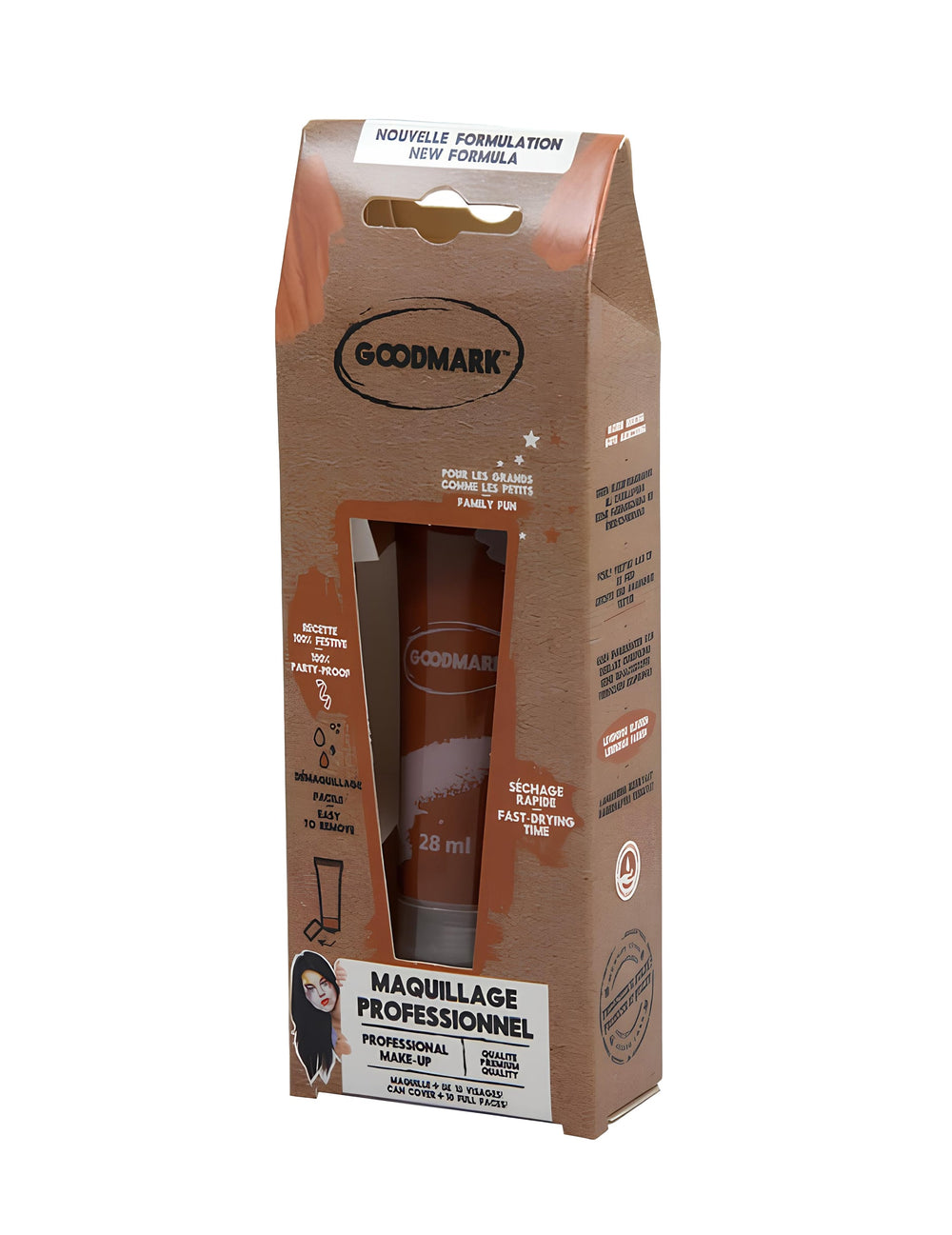 Vue de trois-quarts de l'emballage de la crème de maquillage à l'eau professionnel marron