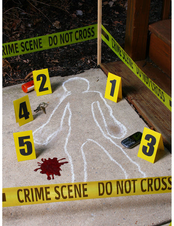 Décorations scène de crime pour Halloween jaune et blanc avec ruban et marqueurs numérotés
