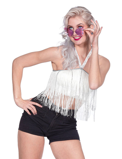 Beli festivalski crop top s franžami za ženske
