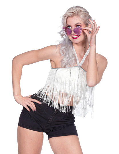 Beli festivalski crop top s franžami za ženske