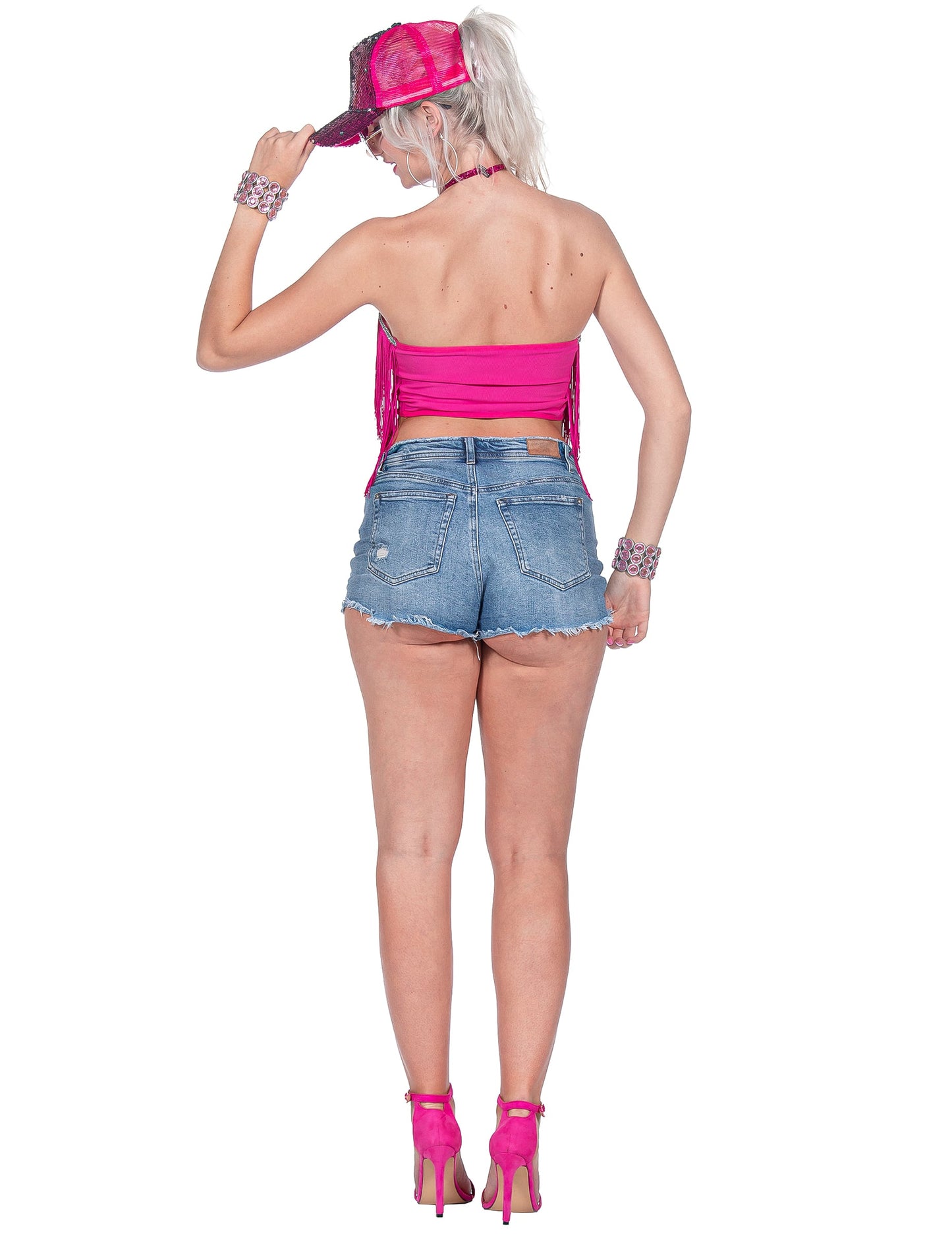 Rožnati festivalski crop top s franžami za ženske