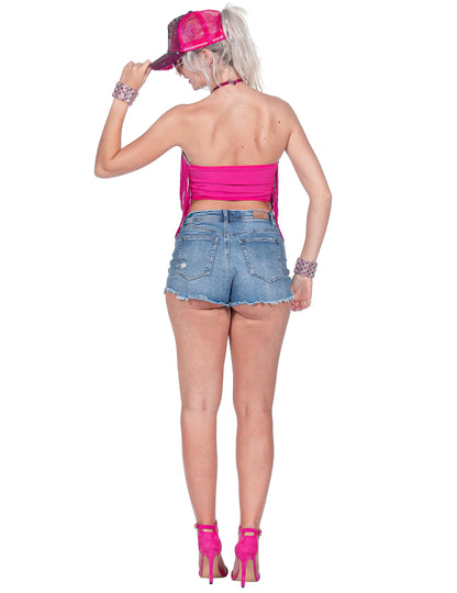 Rožnati festivalski crop top s franžami za ženske