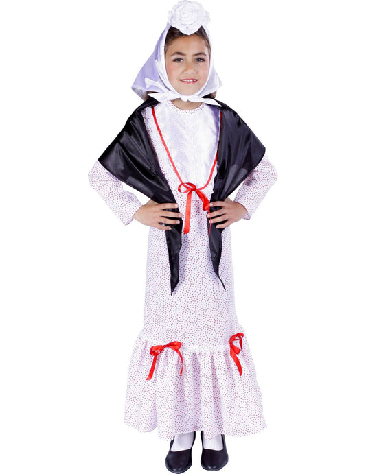 Déguisement traditionnel espagnol pour fille blanc à pois rouges avec châle noir