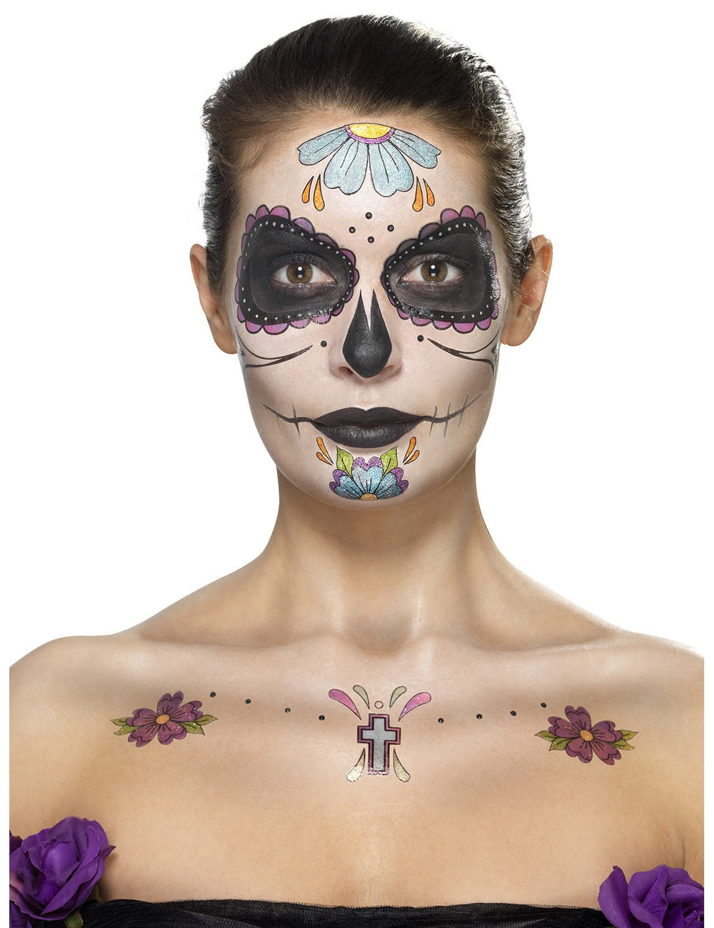 Vue d'ensemble du contenu du kit maquillage Dia de los muertos pour femme fleurs bleues