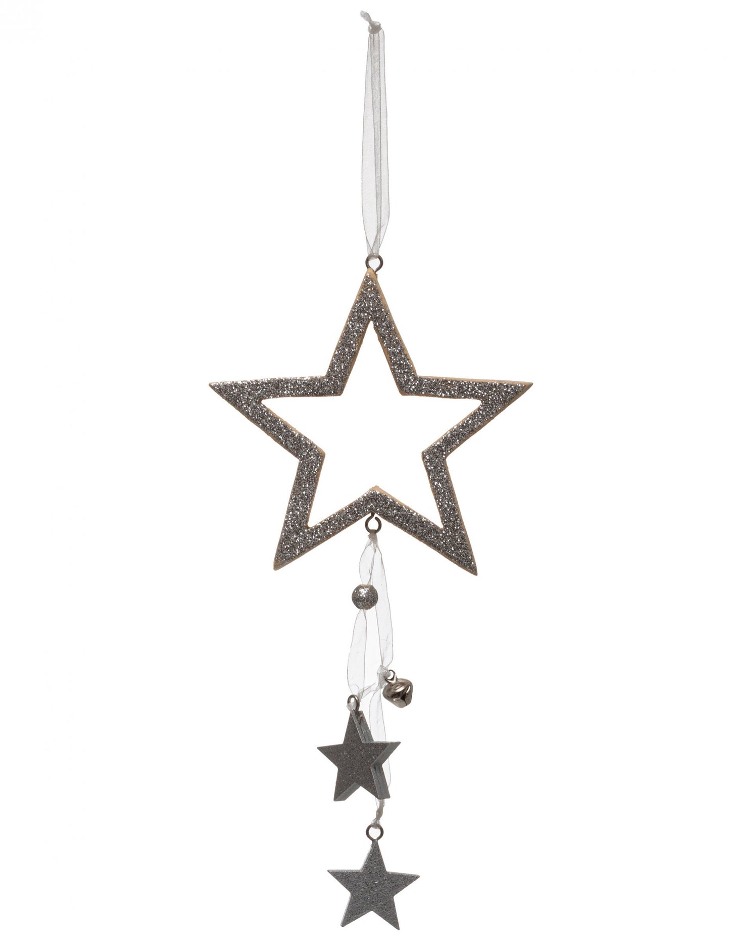 Srebrna viseča dekoracija z zvezdo 24 cm z bleščicami in zvončki