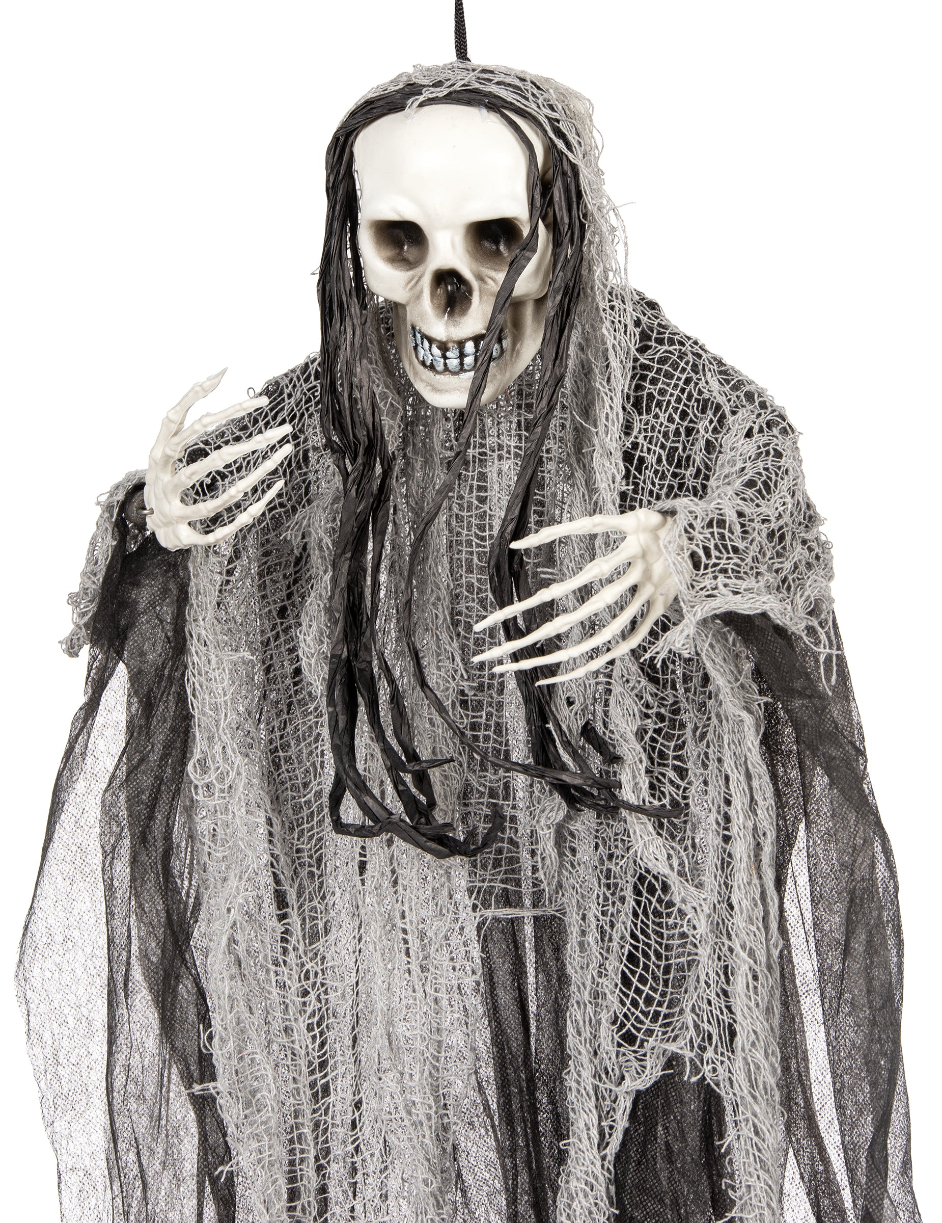 Détail du crâne et des mains de la décoration à suspendre faucheuse Halloween