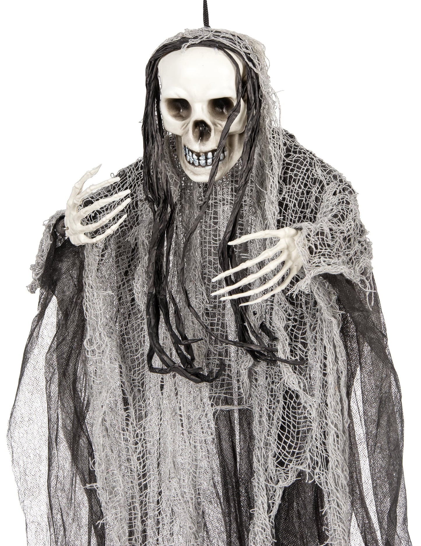 Détail du crâne et des mains de la décoration à suspendre faucheuse Halloween