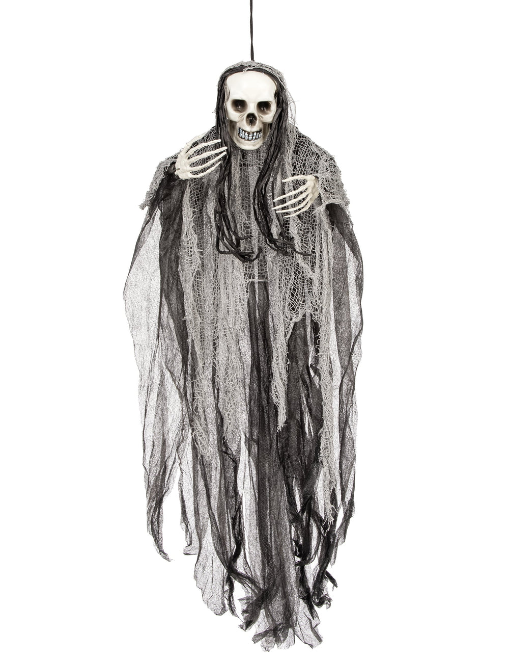 Décoration à suspendre faucheuse Halloween noir et gris avec longs voiles et cheveux